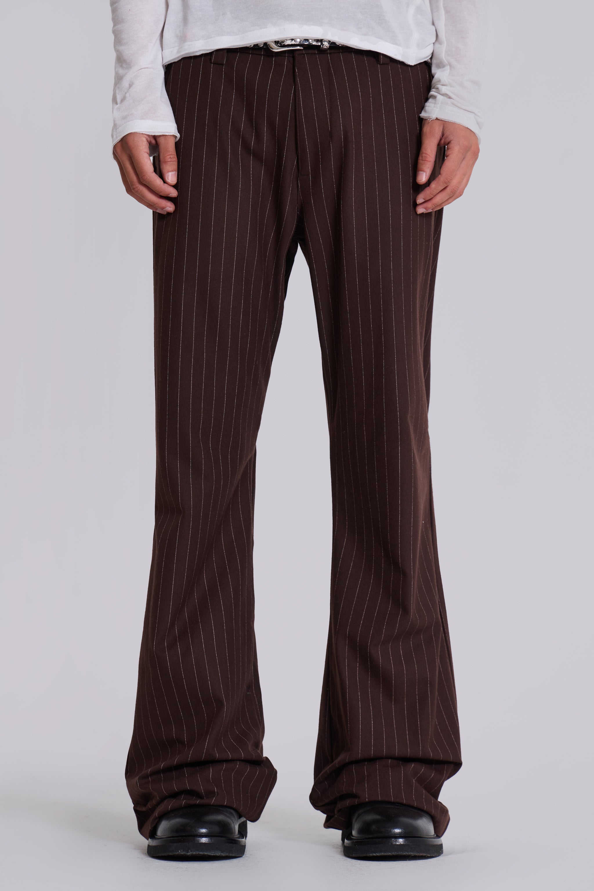 Jaded Man Brown Pinstripe Stacked Bootcut Suit Pants
