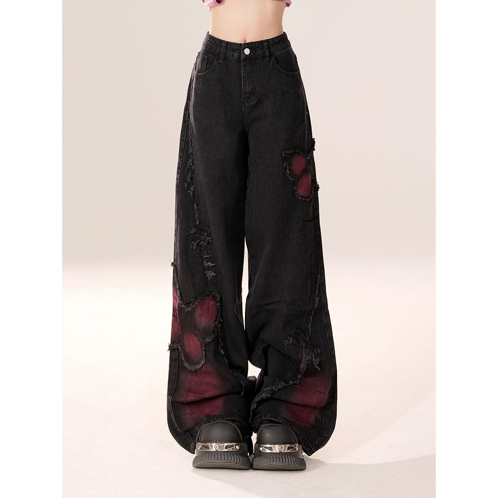 StyleSanctuary Vrouwen Zwarte Gotische Baggy Jeans Harajuku Y2k Esthetische Vlinder Denim Broek Koreaanse Jean Broek Vintage S zwart