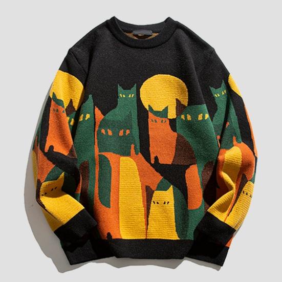EG76LD Heren Winter Herfst Trui Kleuraanpassing Ronde Hals Kat Print Dik Gebreid Zacht Warm Lange Mouw Trui Halflange Unisex Paar Trui 2XL zwart