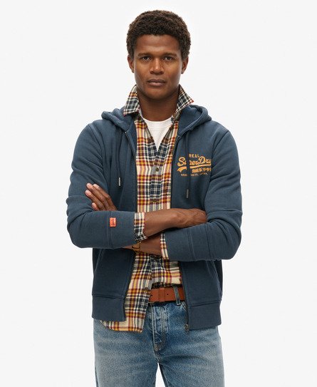 Superdry Mannen Vintage Logo Hoodie met Borduursel en Rits Blauw