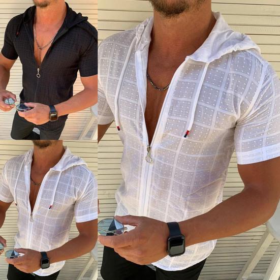 Jiawei Heren T-shirt met korte mouwen, capuchon, rits, geruite print, zomer T-shirt, streetwear XL wit