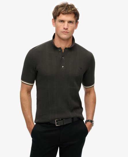 Superdry Mannen Gebreid Poloshirt met Korte Mouwen en Textuur Zwart