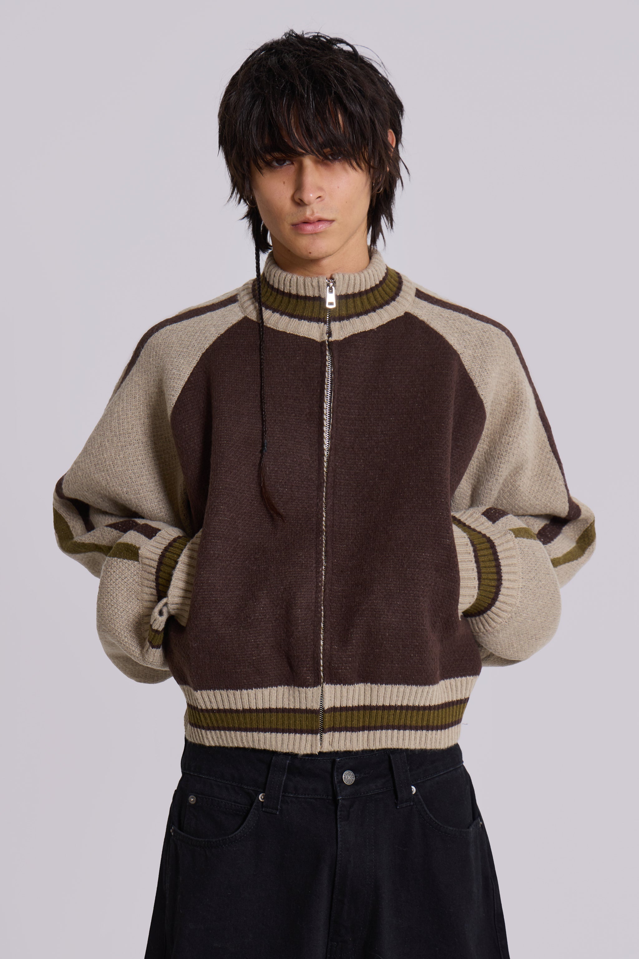 Jaded Man Brown Team 85 Knitted Bomber Jacket