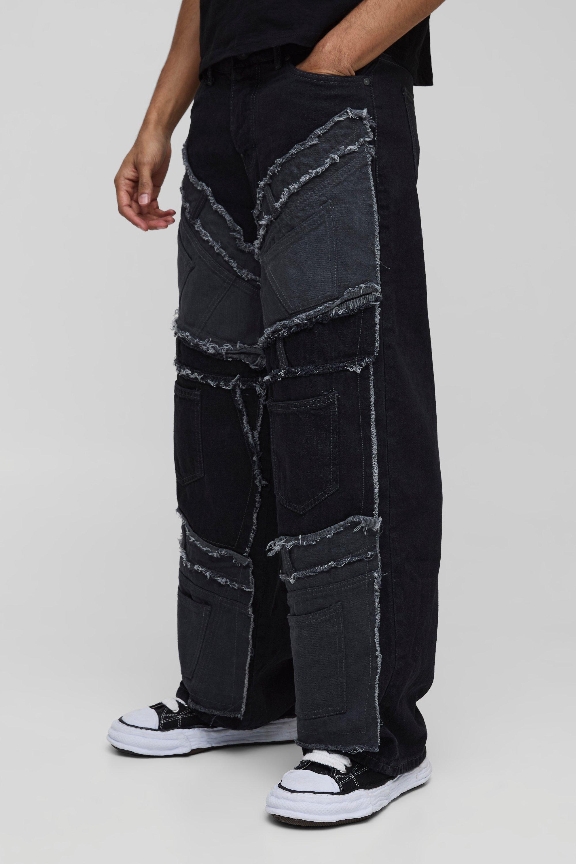 Boohoo Baggy Onbewerkte Zwarte Jeans Met Patches En Tailleband, Washed Black