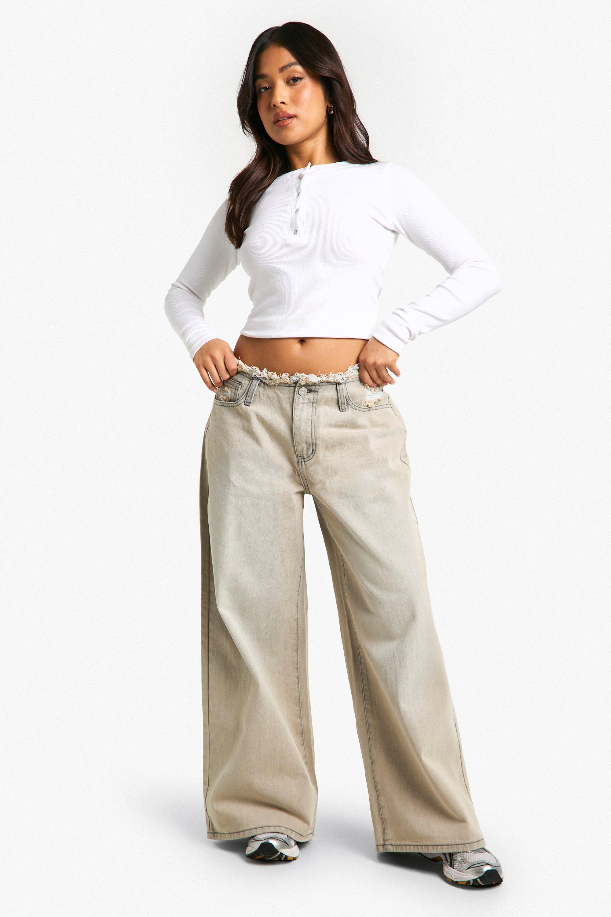 Boohoo Petite Wide Leg Jeans Met Onbewerkte Tailleband, Stonewash