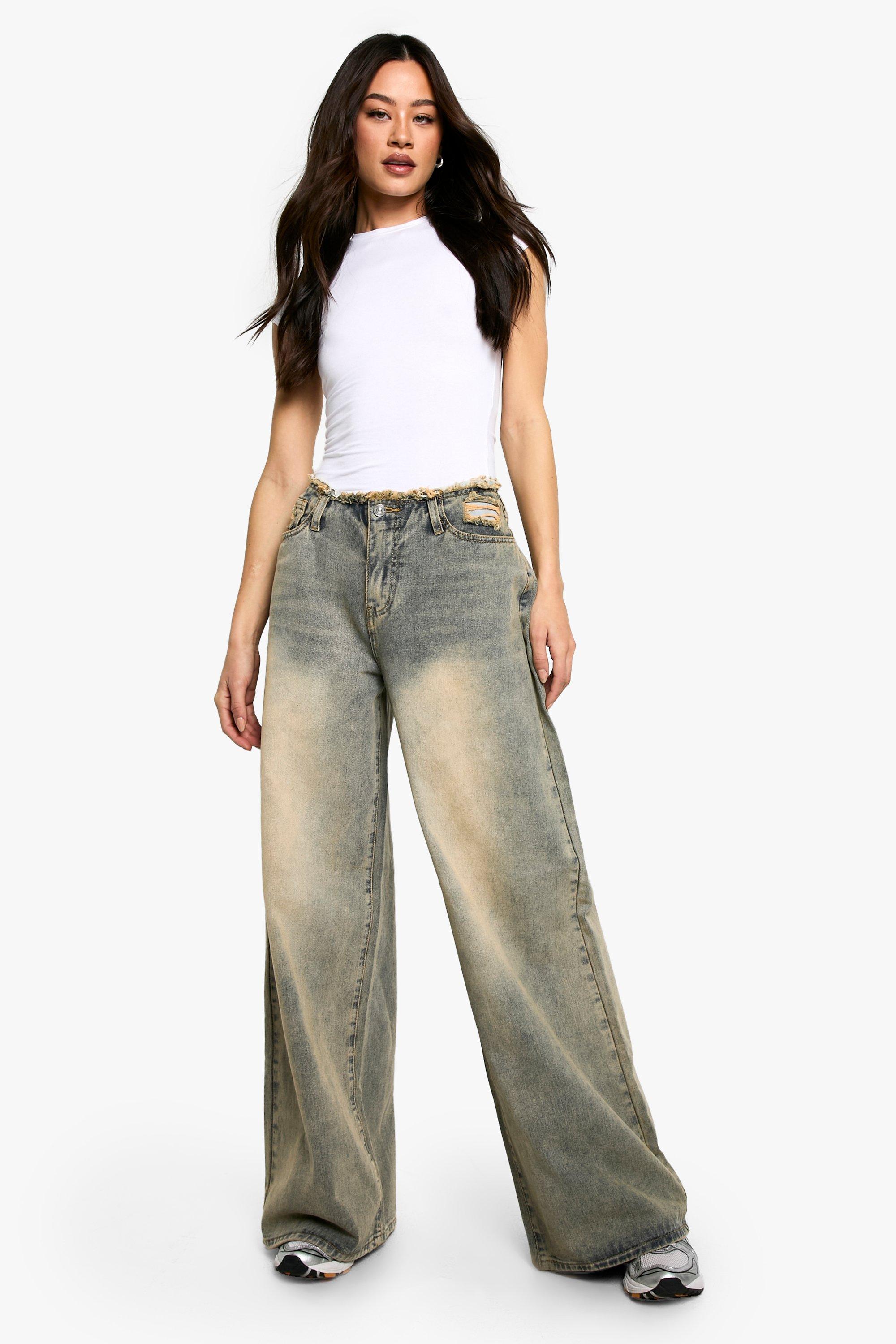 Boohoo Tall Wide Leg Jeans Met Onbewerkte Tailleband, Stonewash