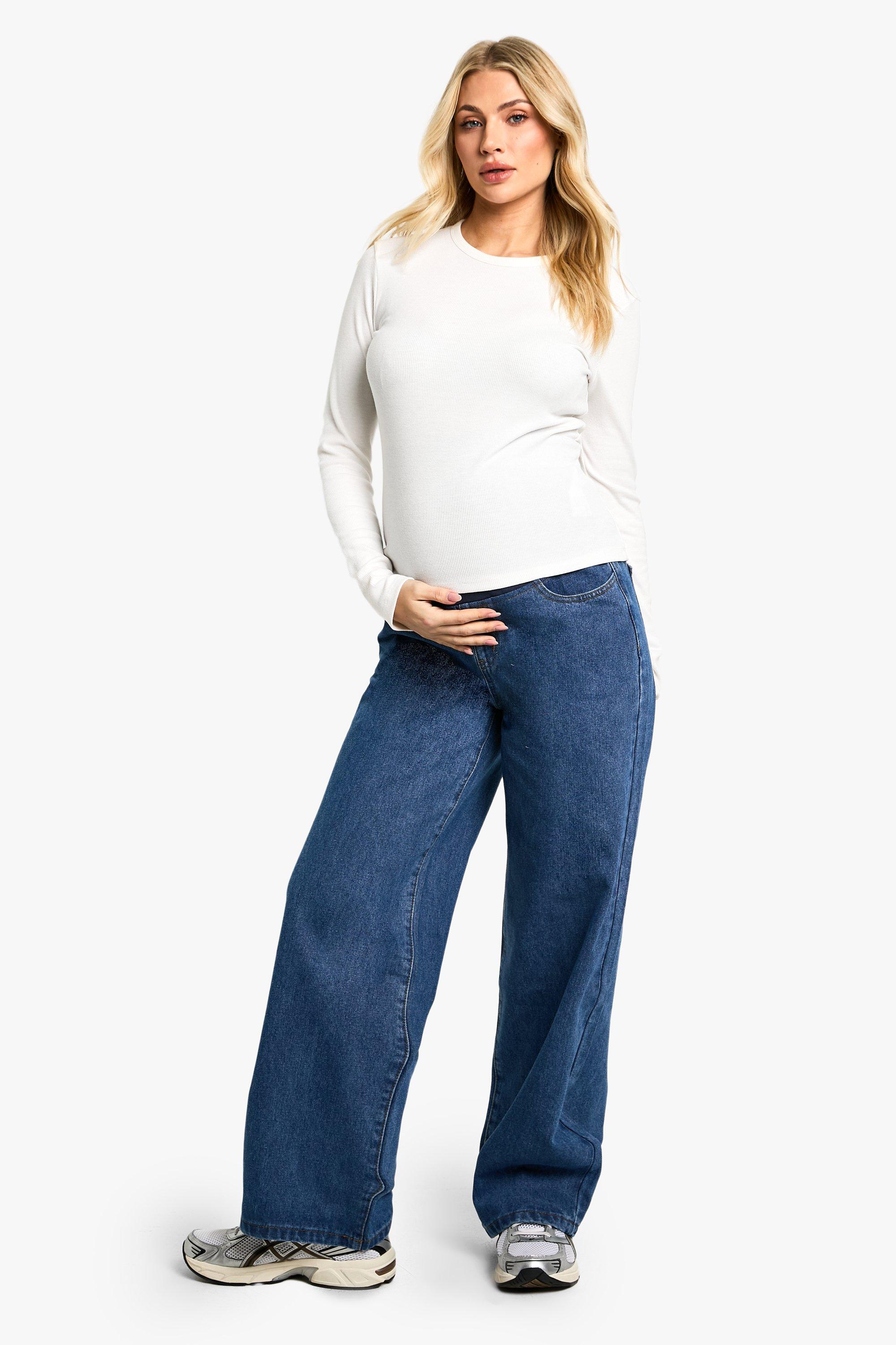 Boohoo Zwangerschap Over The Bump Wide Leg Jeans, Mid Blue