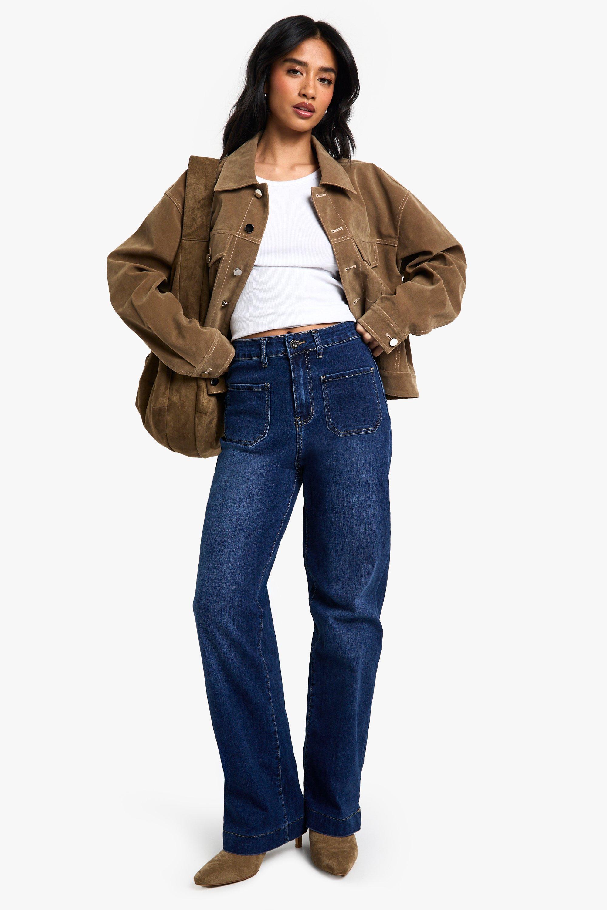 Boohoo Indigo Stretch Wide Leg Jeans Met Zak Detail, Indigo