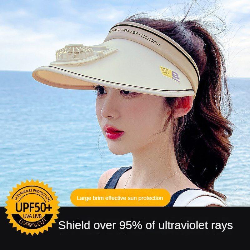 DHSM USB-oplaadbare zonnehoed voor dames met grote klep en UV-bescherming wit
