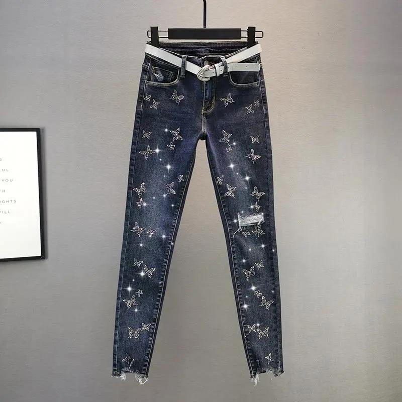 MILU Lente Zomer Mode Harem Denim Broek Vrouwelijke Koreaanse Versie Elastische Strass Hoge Taille Jeans Potlood Broek XXXL blauw