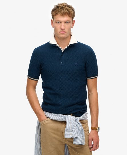 Superdry Mannen Gebreid Poloshirt met Korte Mouwen en Textuur Blauw