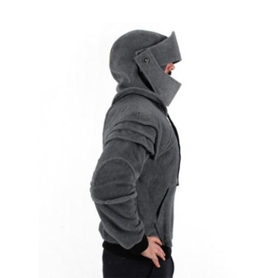 LuxeLane Heren Halloween Hoodie met capuchon Ridder Trekkoord Patch Zak Gerimpelde elastische manchet Lange mouwen Krijger Middeleeuws kostuum XL grijs