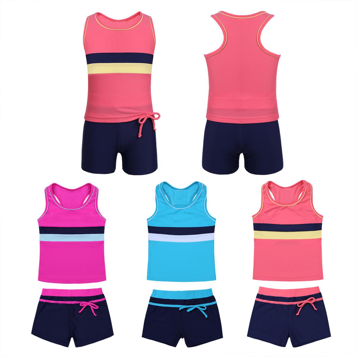 IEFiEL Meisjes Kinderen Tweedelige Badmode Badpak Bikini Badpak Tankini Sport Vest Tops Broeken Shorts 5-6 Years helder roze