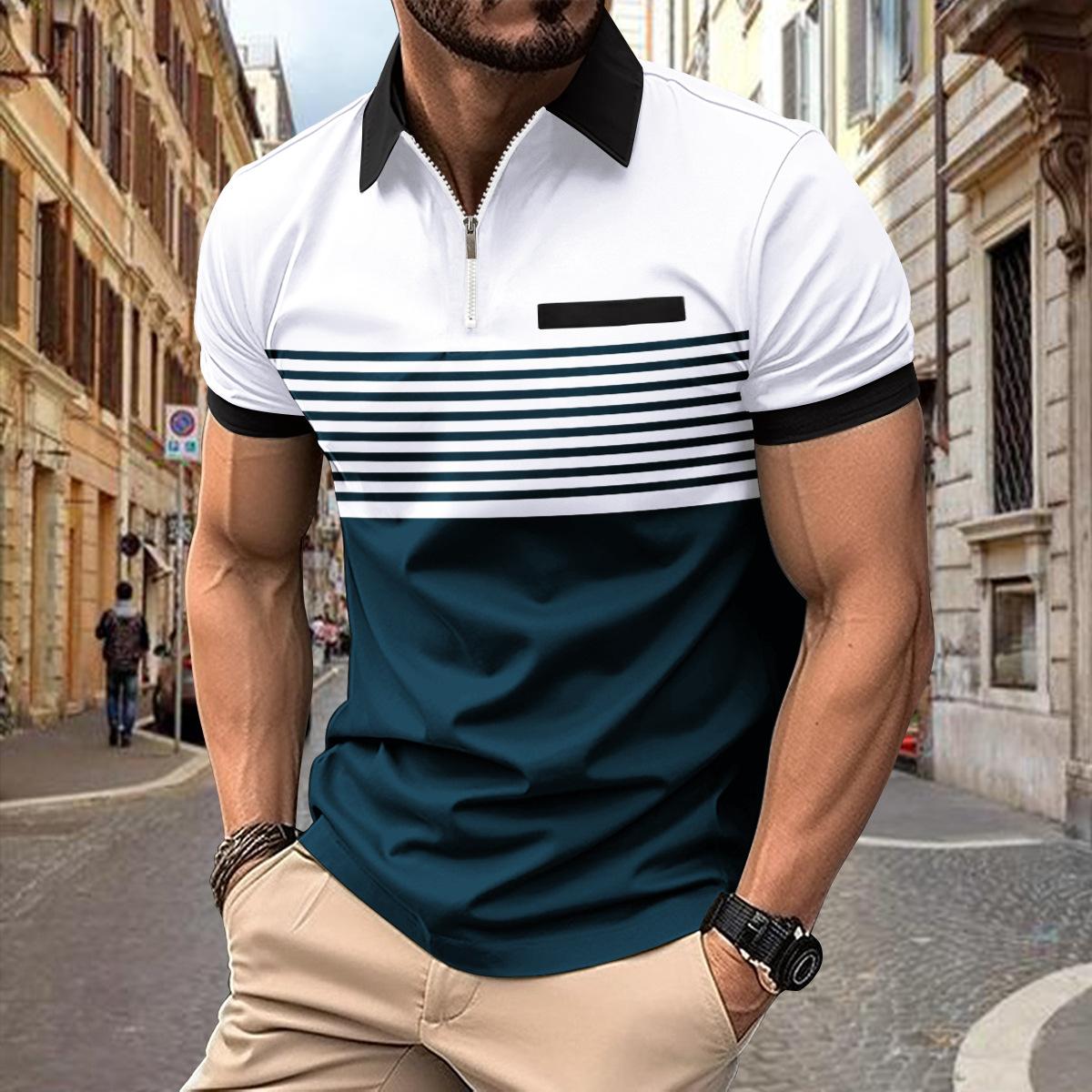 Milost Zomer POLO-shirts Rits heren korte mouw top revers patchwork gestreept bedrukt poloshirt 3XL wit