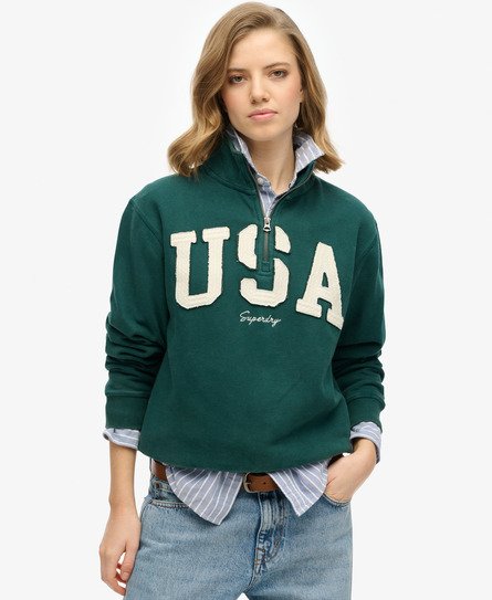 Superdry Vrouwen Athletic Essentials Sweatshirt met Applicatie en Halve Rits Groen