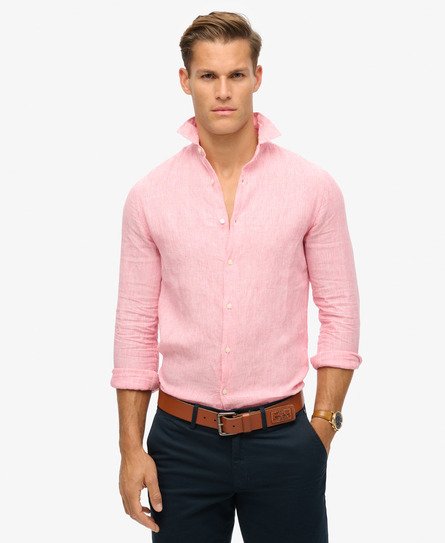 Superdry Mannen Casual Linnen Overhemd met Lange Mouwen Roze