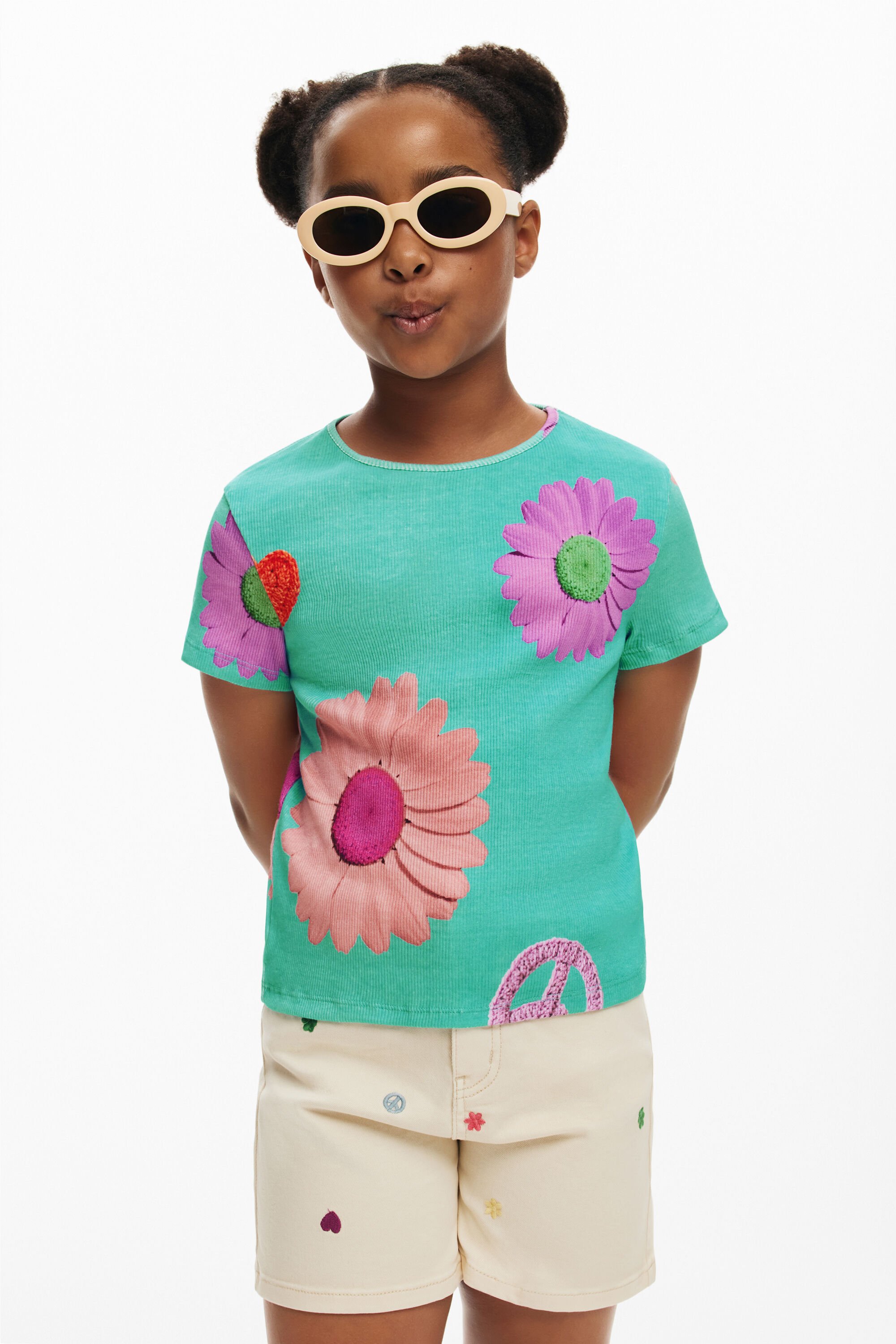 desigual Ribbed bloemen T-shirt - BLUE