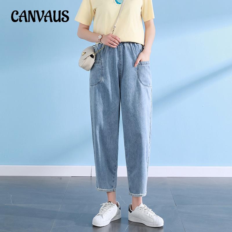 CANVAUS Plus Size Dames Jeans Brede Raw Edge Gewassen Casual Harlem Broek L zwart