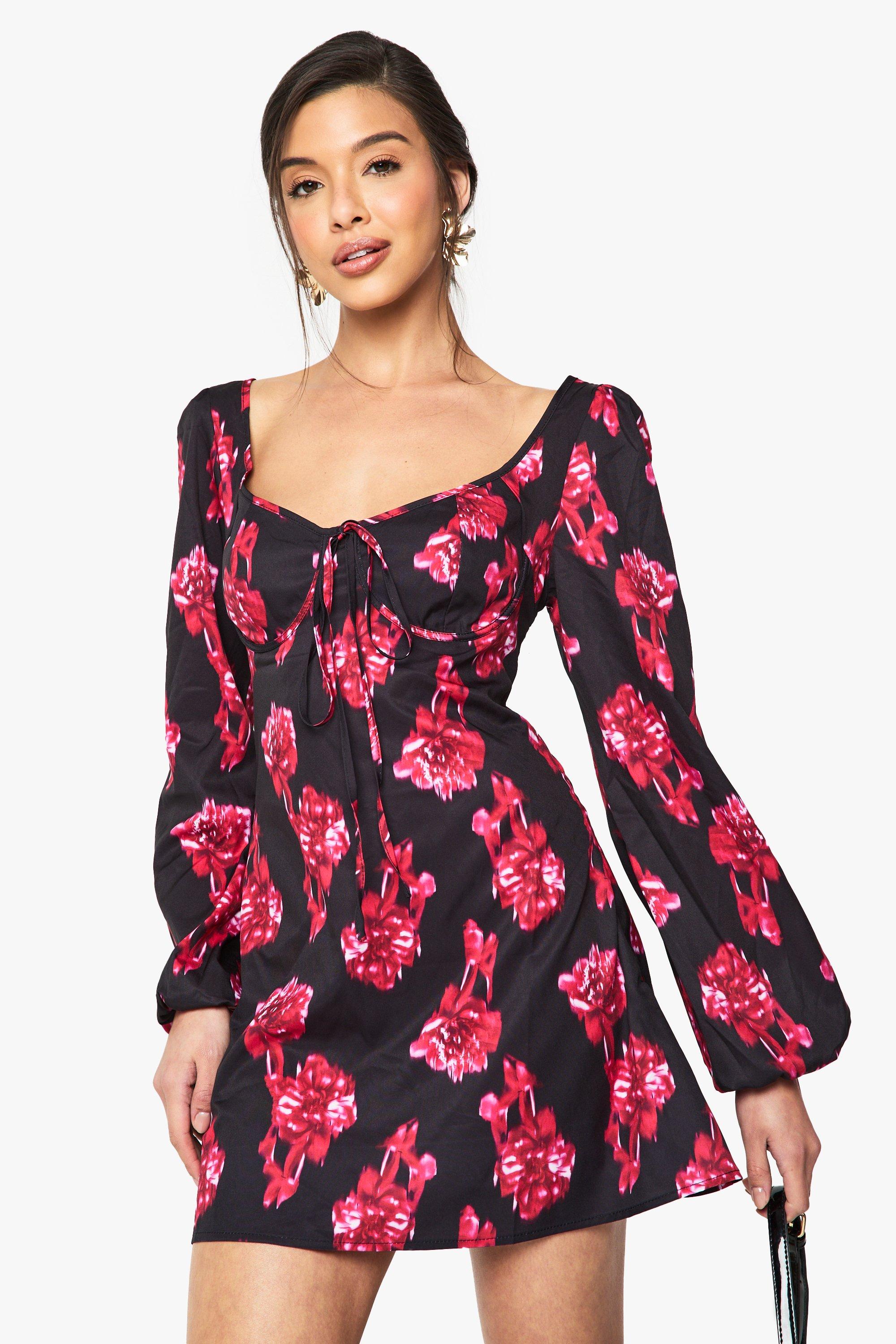 Boohoo Melkmeisjes Mini Jurk Met Wazige Bloemen, Black