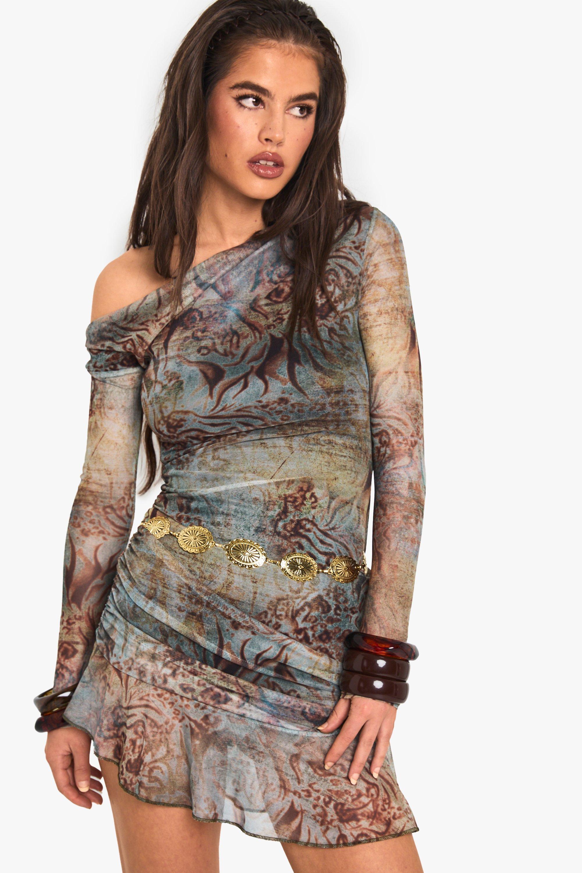 Boohoo Gedrapeerde Mesh Dierenprint Mini Jurk Met Franjes En Lange Mouwen, Brown
