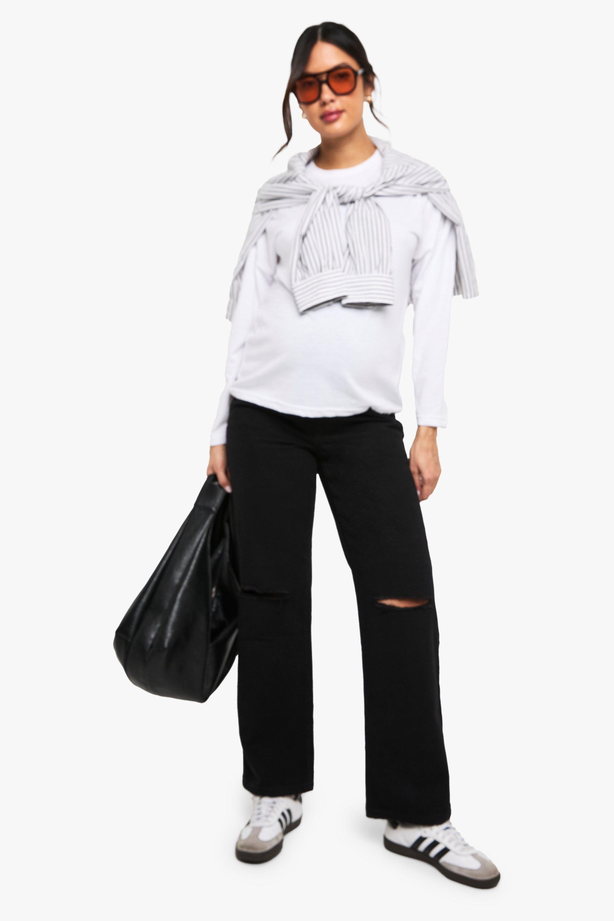 Boohoo Zwangerschap Over The Bump Boyfriend Jeans Met Gescheurde Knieën, Black