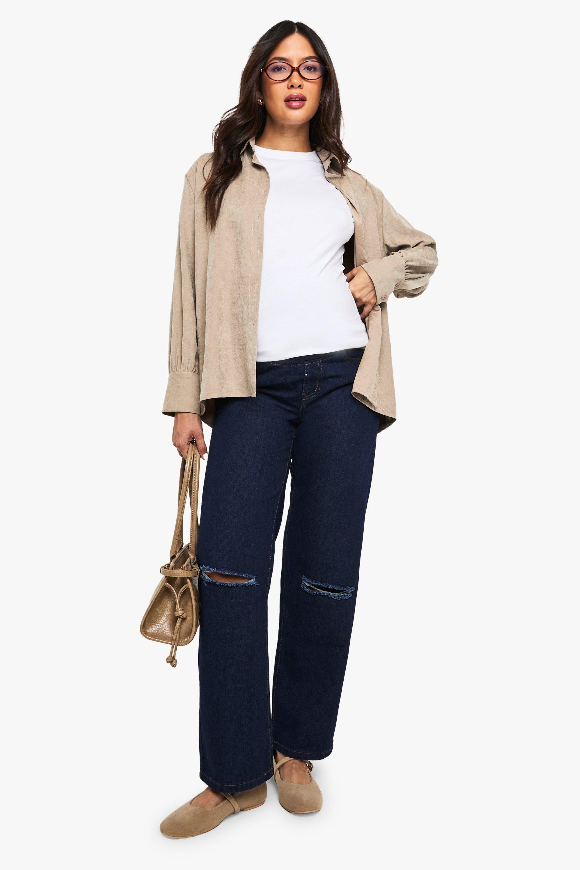 Boohoo Zwangerschap Over The Bump Boyfriend Jeans Met Gescheurde Knieën, Indigo