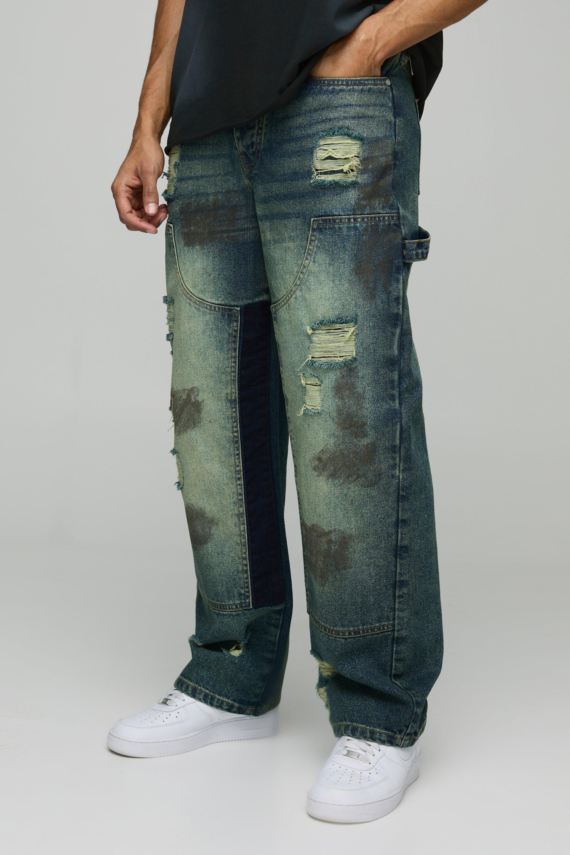 Boohoo Onbewerkte Gescheurde Baggy Carpenter Denim Jeans, Mid Blue