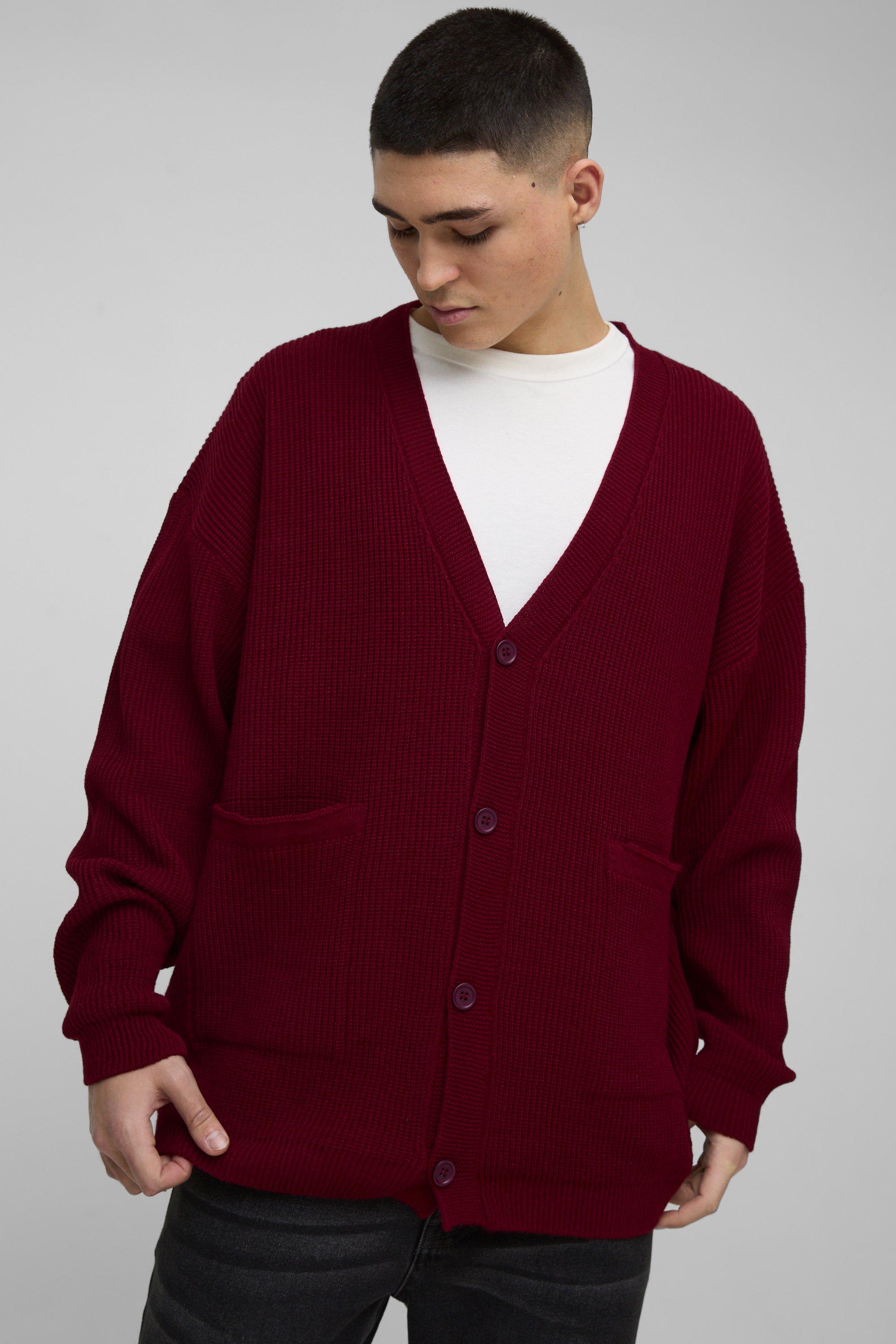 Oversized Geribbelde Drop Shoulder Cardigan, Burgundy