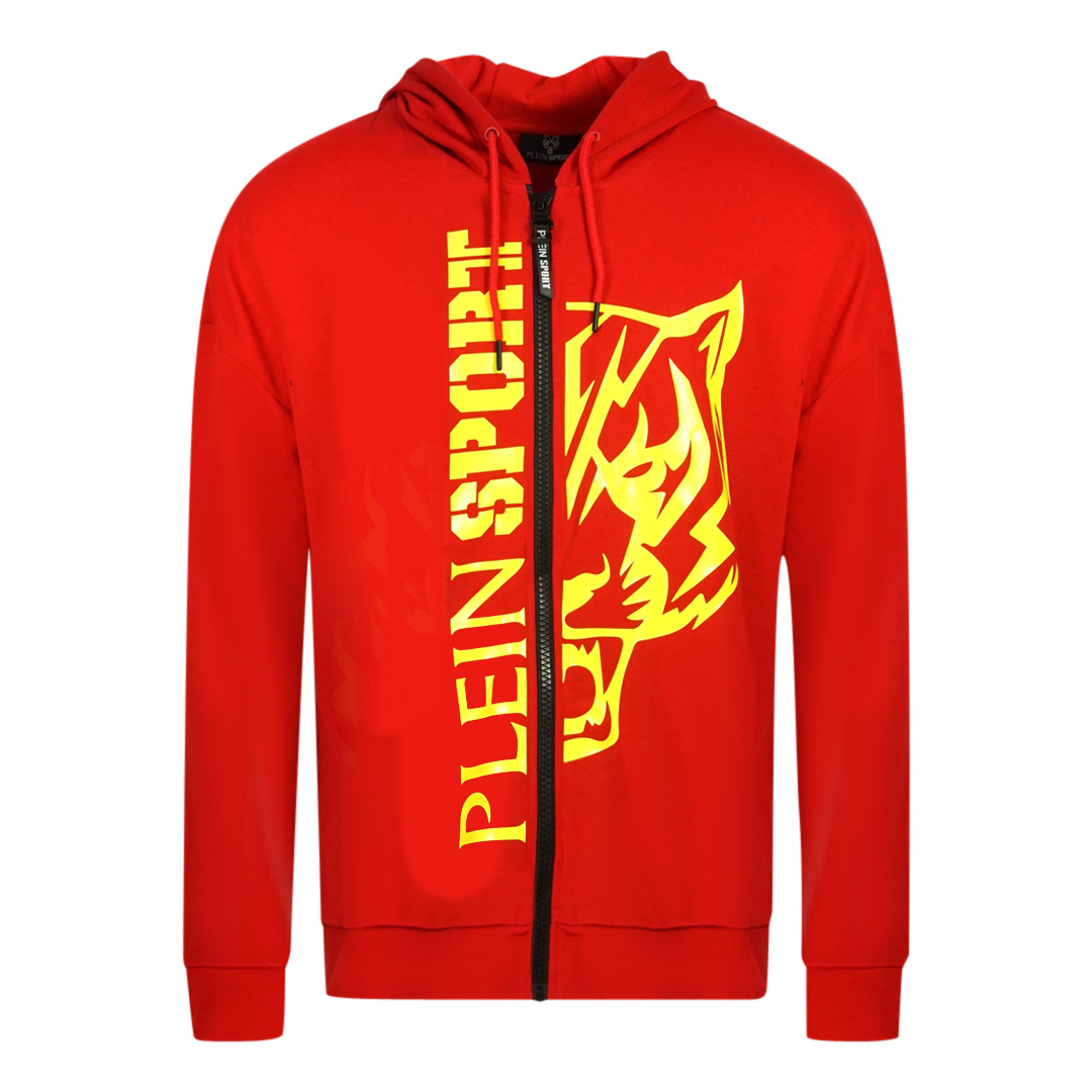 Plein Sport grote gele logo rode hoodie met rits