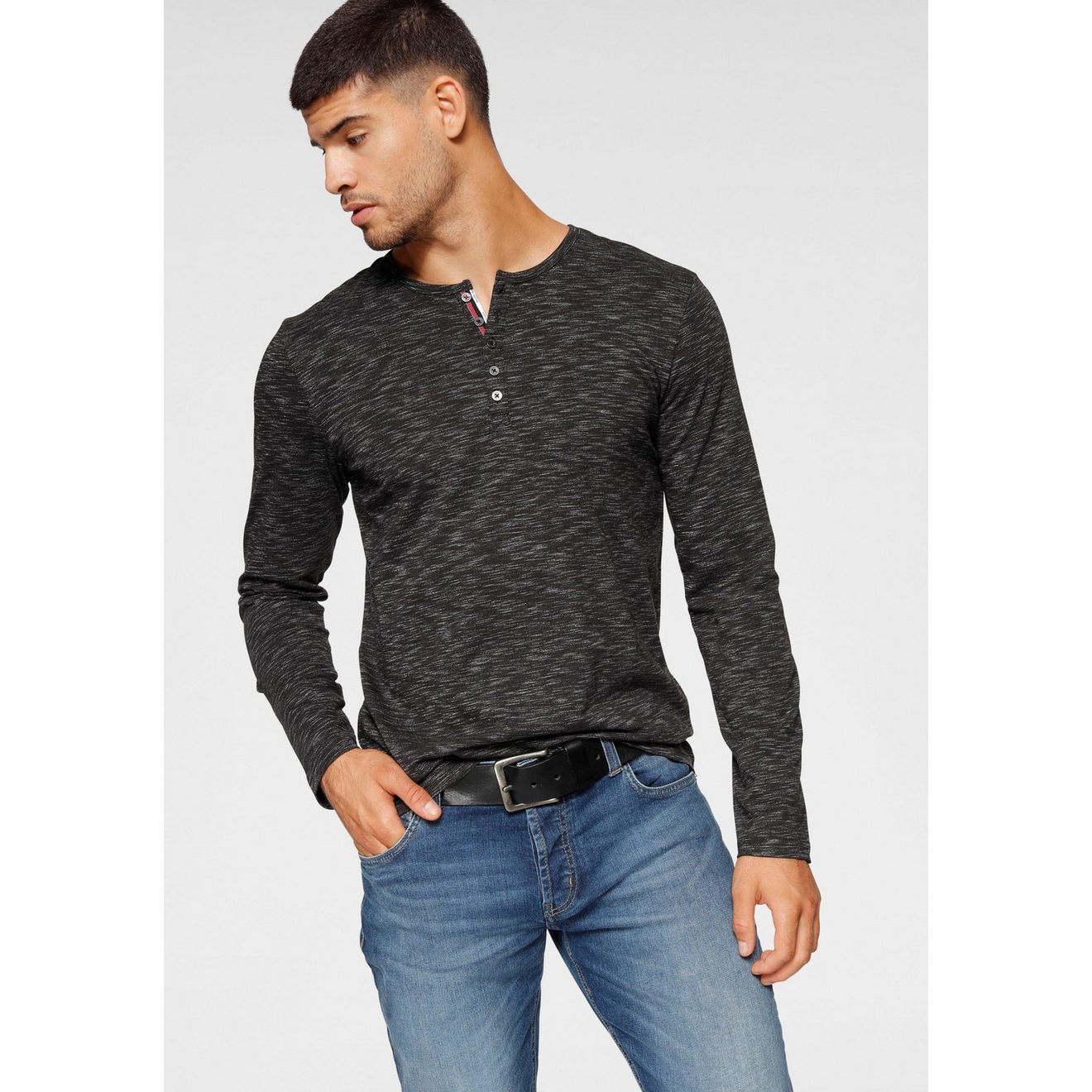 Bruno Banani Shirt met lange mouwen smalle pasvorm, gemêleerde look en print