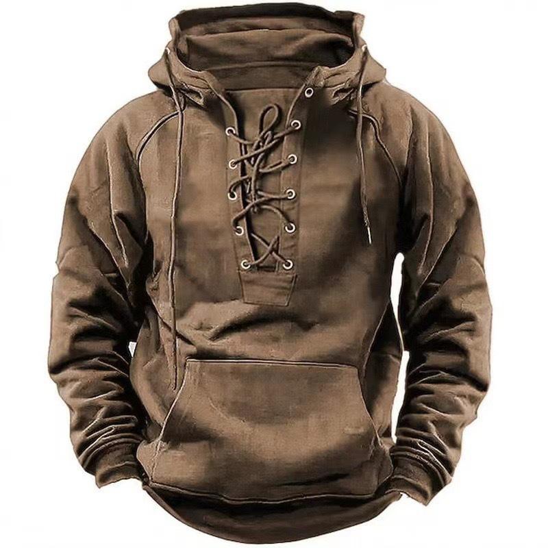 LH59YK Mode Heren Hooded Sweatshirts Vetersluiting Trekkoord Lange Mouw Losse Hoodies Heren Streetwear Vintage Effen Kleur Hoodie 2XL legergroene kleur