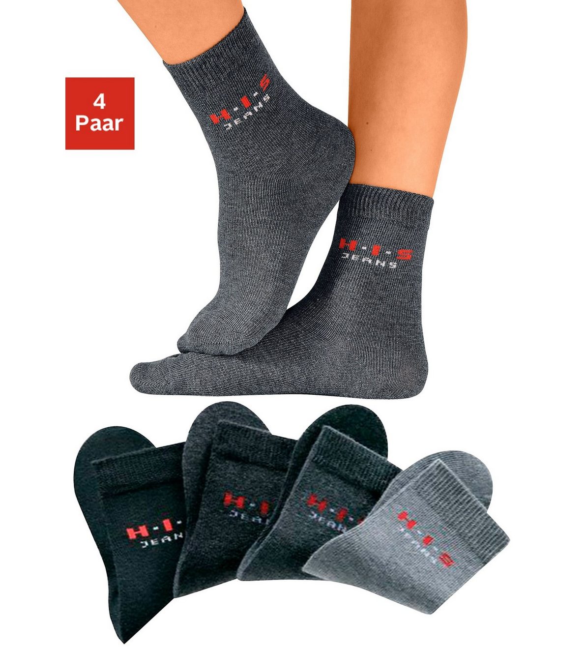 H.I.S Basic sokken met contrastkleurig logo (set, 4 paar)