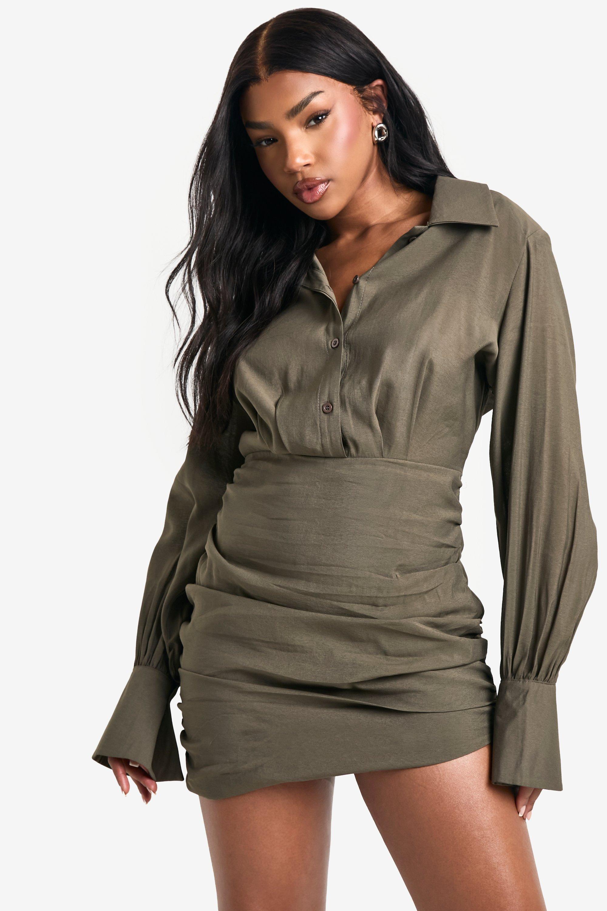 Boohoo Geplooide Blouse Jurk, Olive