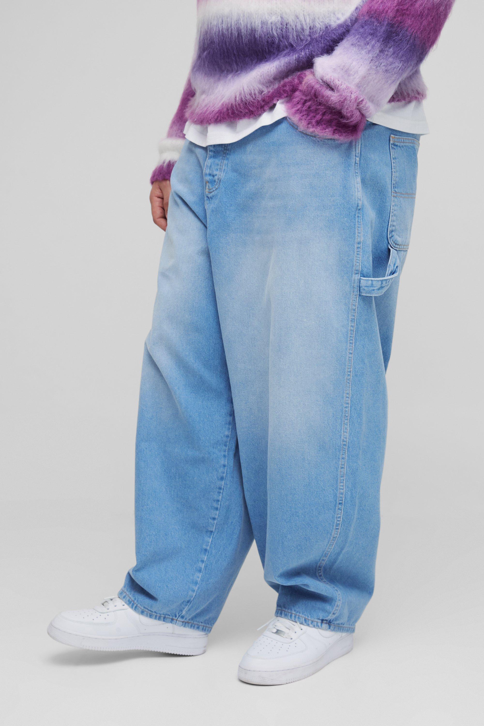 Boohoo Plus Ballon Fit Utility Jeans Met Verstelbare Taille, Mid Wash