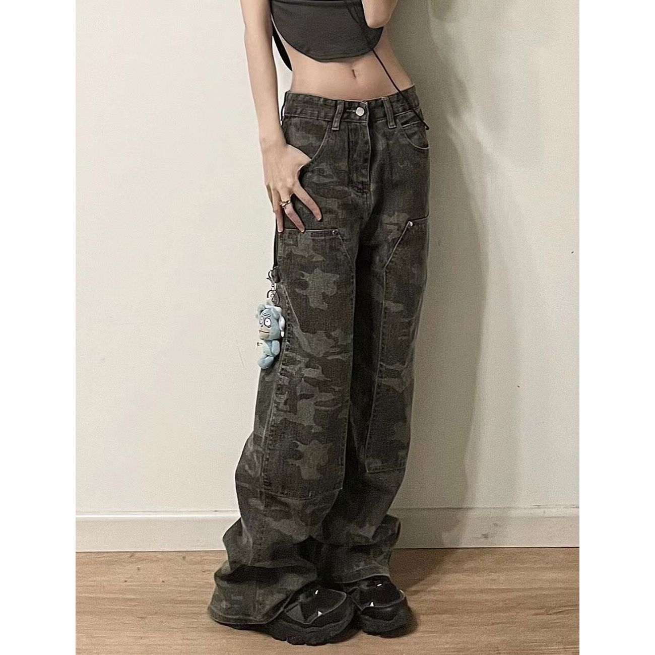 Transmission Gate Camouflage Groene Cargo Broek Dames Y2K Hippie Low Rise Jeans Retro Streetwear Harajuku Army Wijde Pijpen Denim Broek S