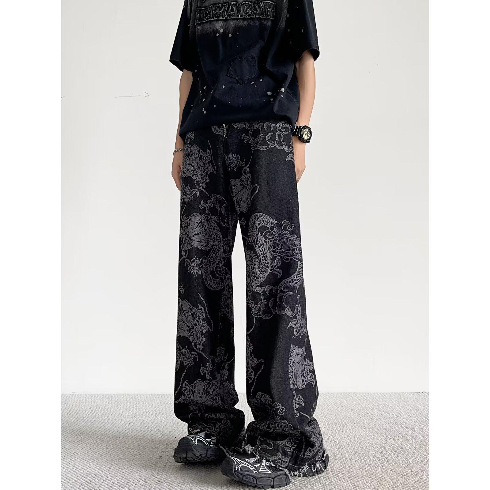 Wulaa Vrouwen Zwarte Gotische Draak Print Jeans Baggy Vintage Esthetische Cowboy Broek Harajuku Denim Broek 3XL