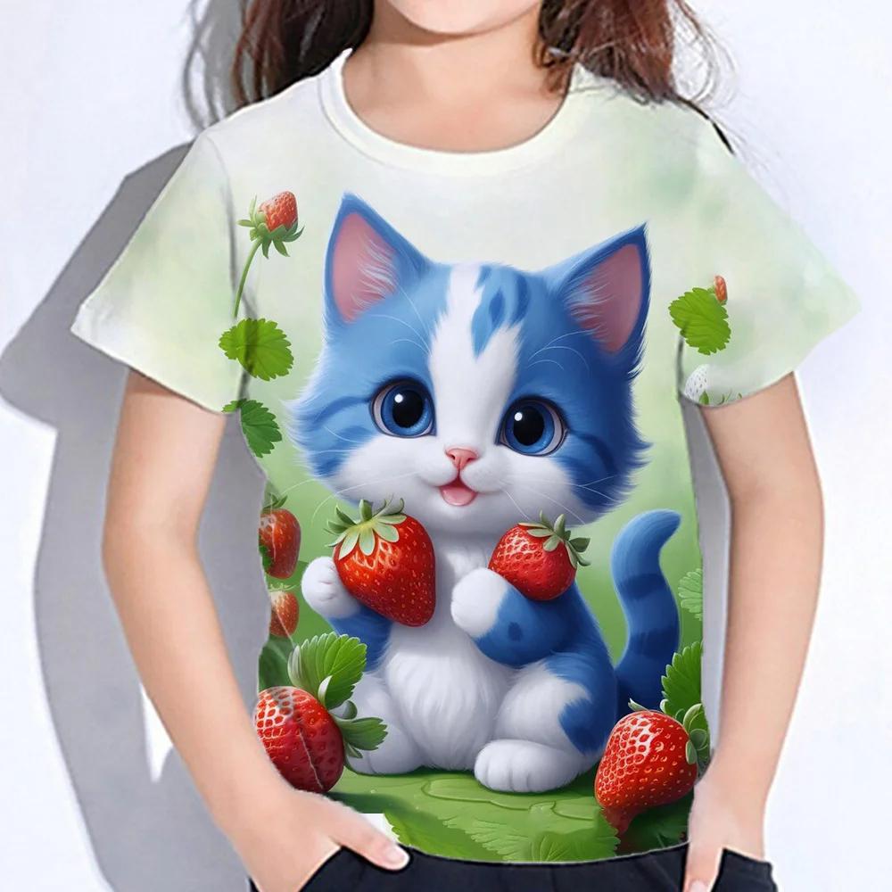 ETST 07 Tops voor kinderen korte mouwen zomer kat T-shirts meisjes kinderkleding 3d print T-shirts Koreaanse kawaii T-shirts van 10-14 jaar 100
