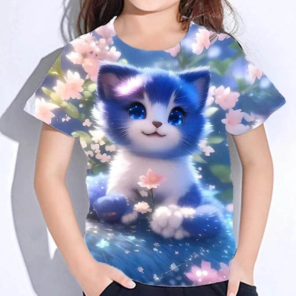 ETST 012 Tops voor kinderen korte mouwen zomer kat T-shirts meisjes kinderkleding 3d print T-shirts Koreaanse kawaii T-shirts van 10-14 jaar 100CM