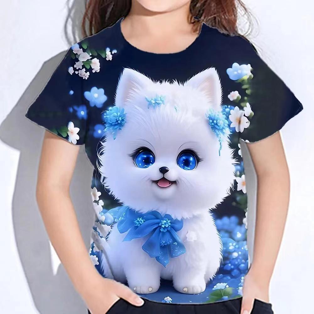 ETST0013 Tops voor kinderen korte mouwen zomer kat T-shirts meisjes kinderkleding 3d print T-shirts Koreaanse kawaii T-shirts van 10-14 jaar 100