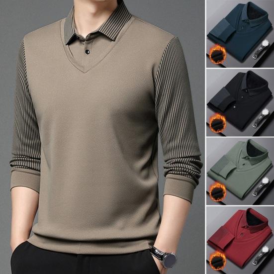 Galaiou Herfst Winter Heren Trui Nep Tweedelige Revers Gestreept Slim Fit Dik Pluche Warm Gebreid Zacht Trui met lange mouwen Formele Zakelijke Stijl Middelbare leeftijd XL zwart
