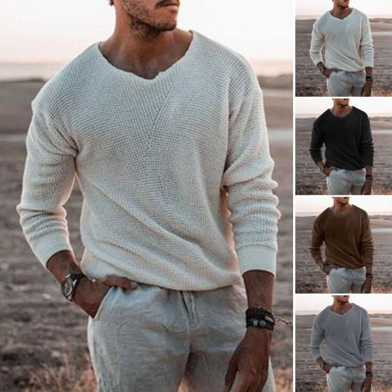 Bohuidadeng Herfst Winter Heren Trui Gebreid Effen Kleur Rekbaar Los Hoge Elastiek Lange Mouwen V Hals Trui Casual Dagelijkse Draag Trui L koffie