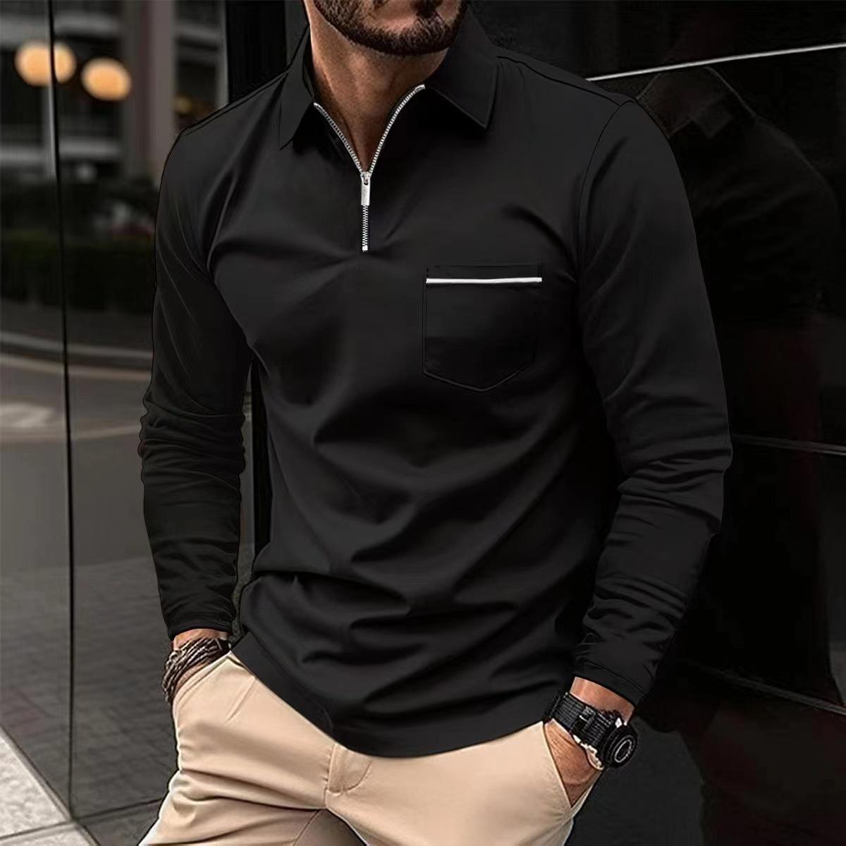 Polaris star Europees en Amerikaans heren poloshirt met lange mouwen en ritszak - Lente/herfst sporttop XL zwart