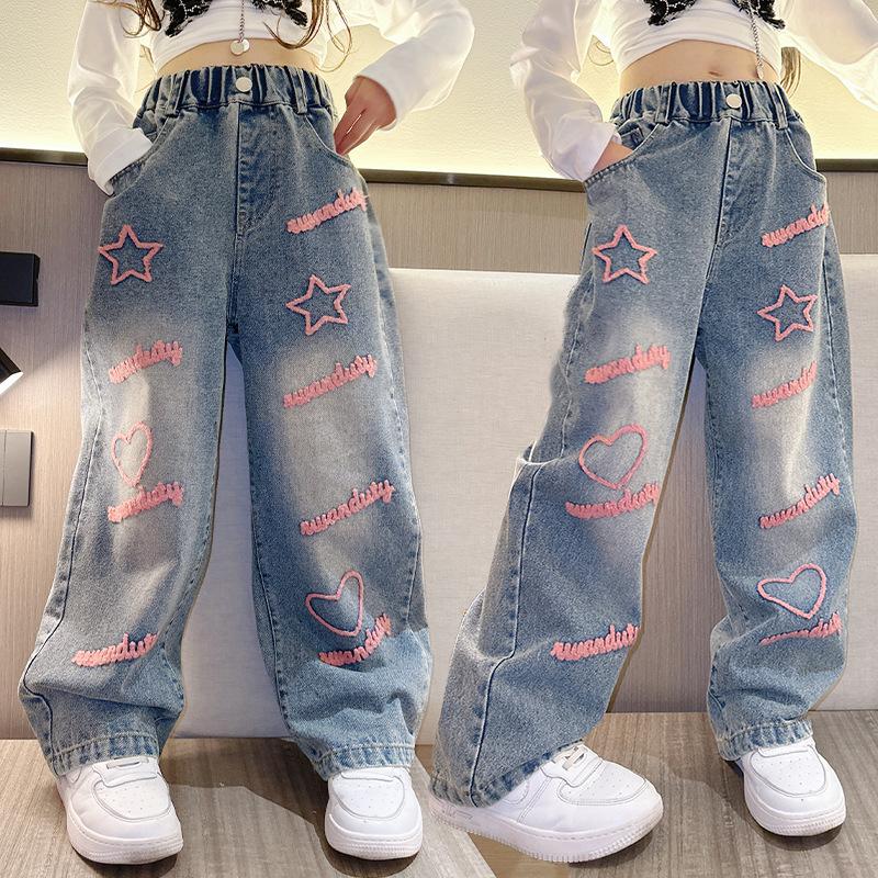 DDU-DU Meisjes School Wijde Pijpen Broek met Hart Ster Ontwerp Casual Losse Kinderen Mode Lange Jeans Kinderen Koreaanse Stijl Broeken Plus Size 170 blauw