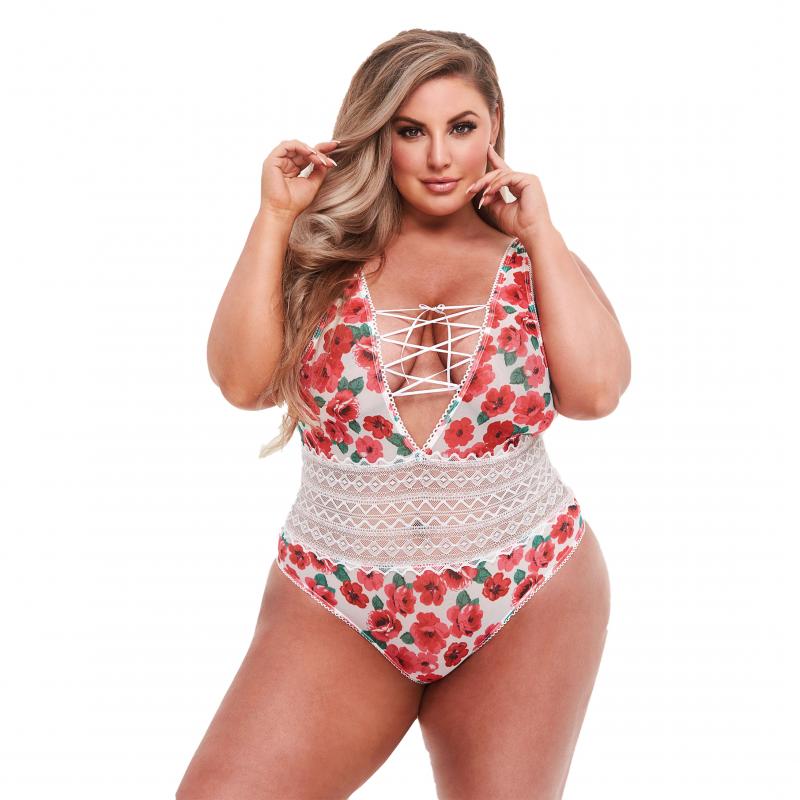 Baci Lingerie Baci - White Floral & Lace Body Met Sexy Rijgveter - Curvy
