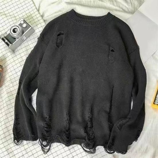 Yumaling Heren Herfst Winter Trui Gescheurd Gat Effen Kleur Ronde Hals Gebreid Retro Japanse Stijl Middellange Losse Lange Mouw Zachte Warme Trui Heren Trui M lichtgrijze kleur