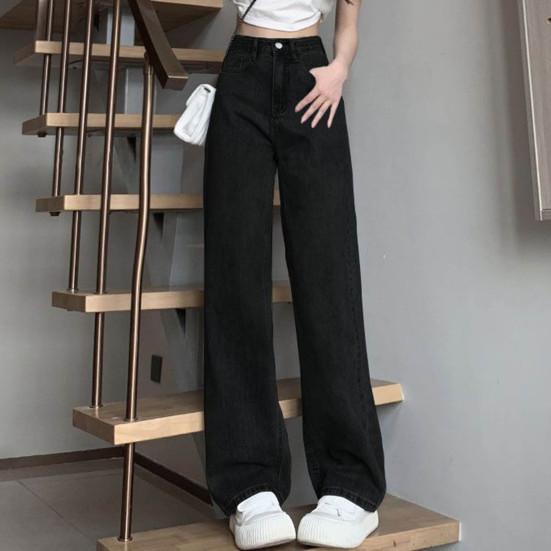 AuraMall Dames Jeans Hoge Taille Knoopsluiting Ritssluiting Vintage Losse Pasvorm Zakken Rechte Wijde Pijpen Streetwear Broek Dagelijkse Draag Lange Broeken M lichtblauwe kleur