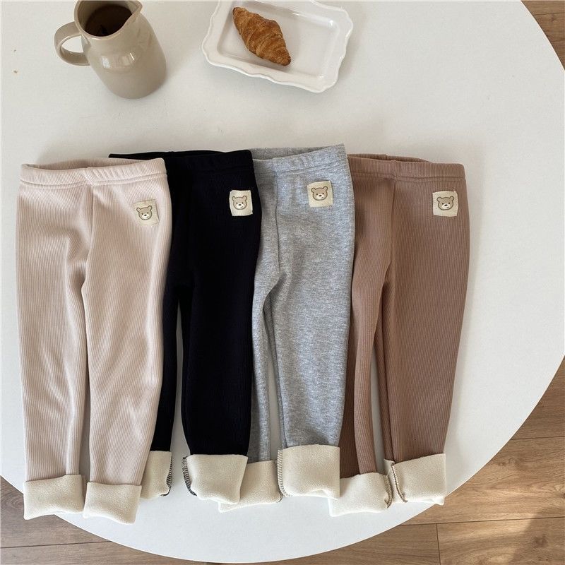 First Club Meisjes herfst en winter effen kleur verdikte onderkant broek schattige slanke warme broek 130 zwart