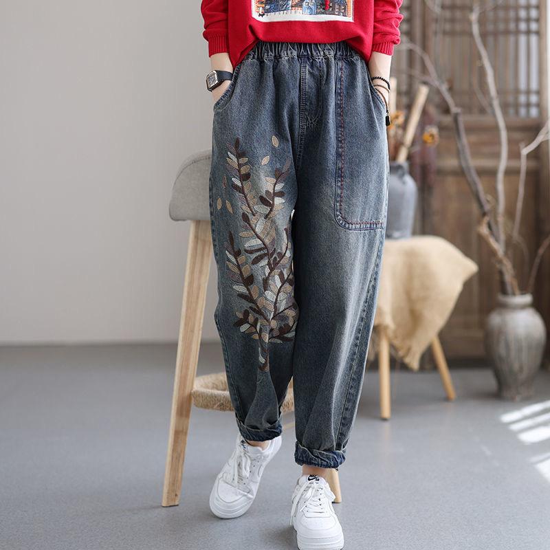 Mille Lente dames casual losse retro geborduurde harembroek met hoge taille XXXL blauw