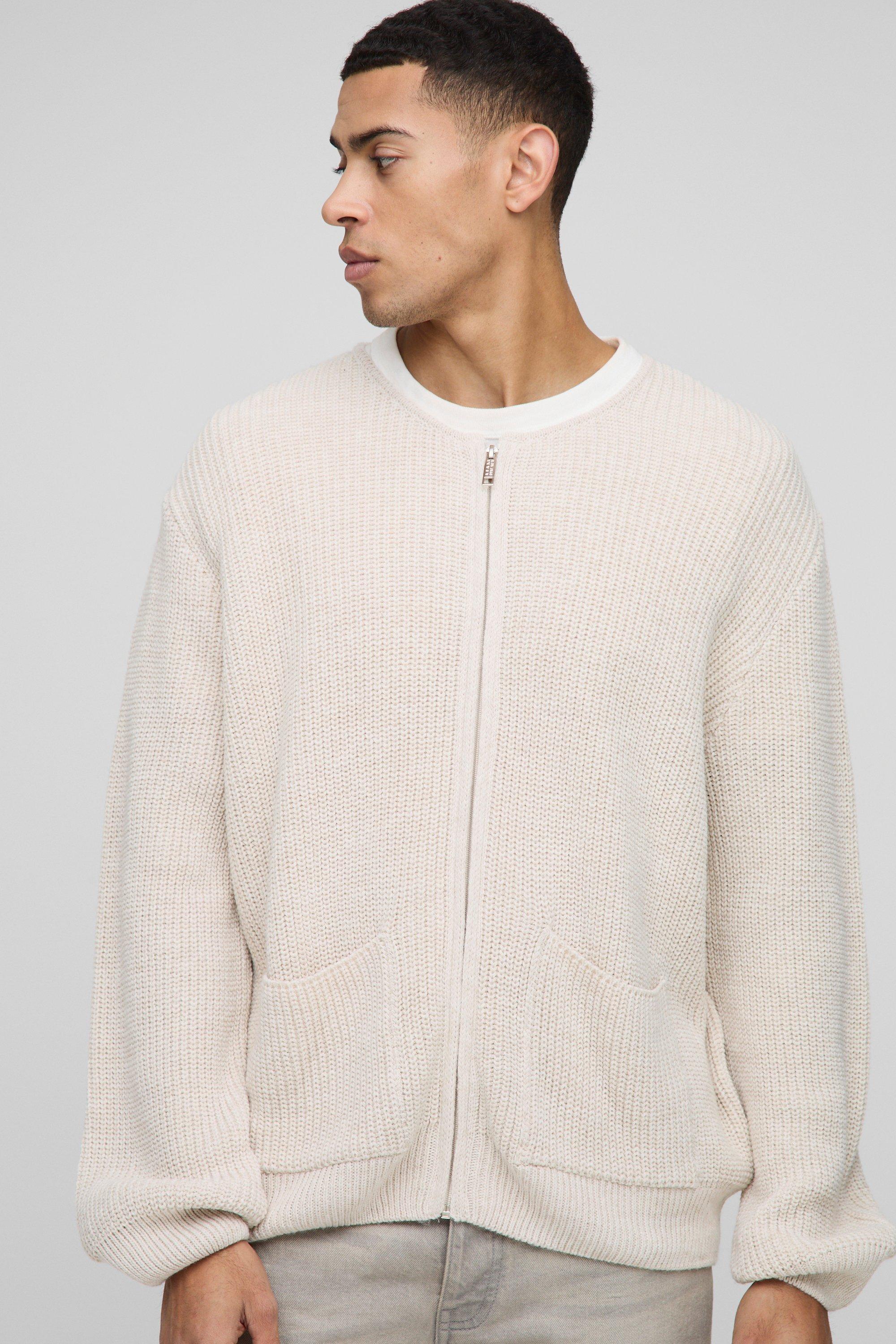 Boohoo Geribbelde Gebreide Kraagloze Regular Fit Cardigan Met Rits, Ecru