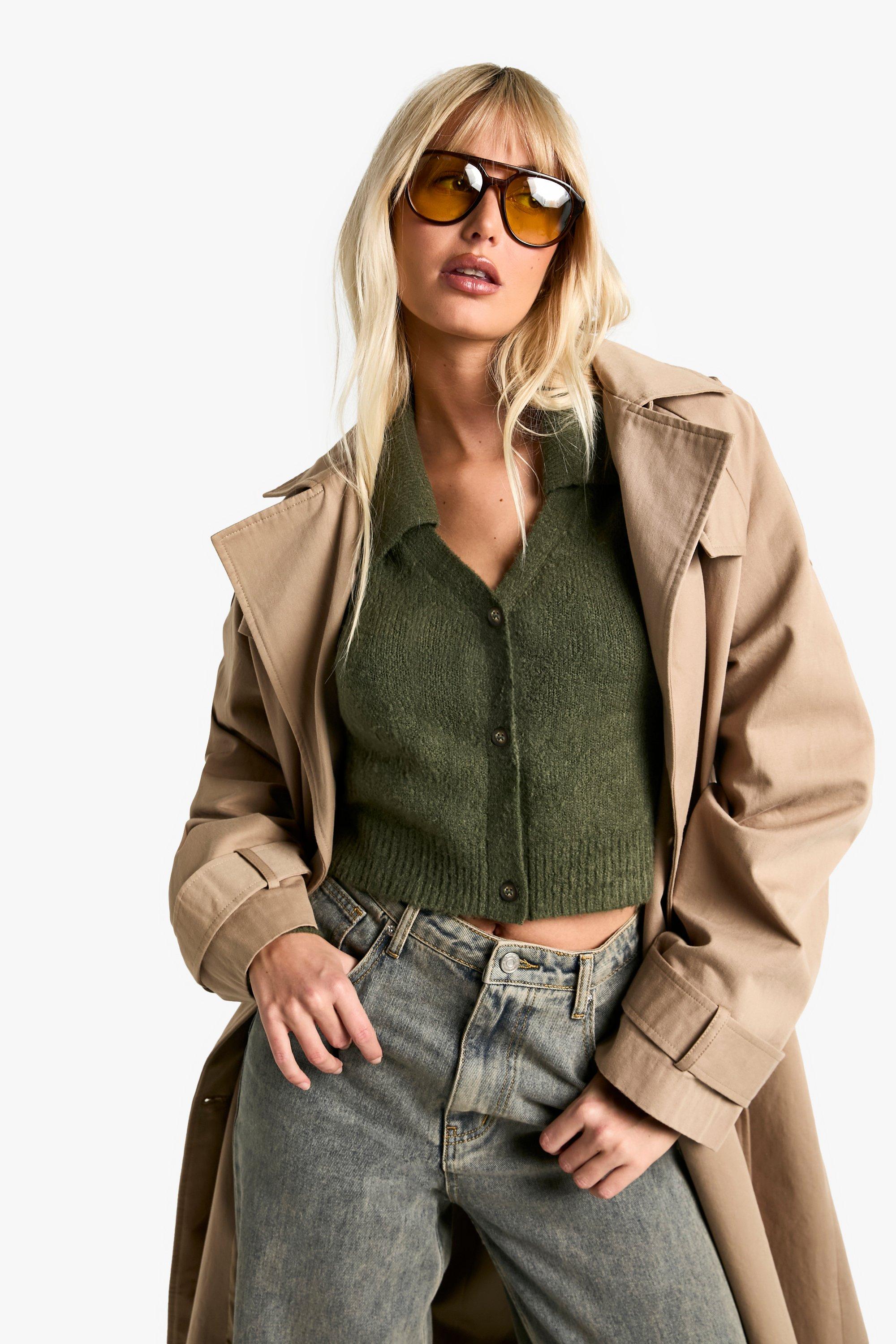 Boohoo Gebreide Cardigan Met Kraag, Khaki
